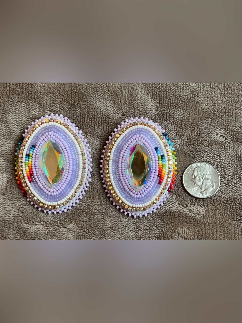Native American Handmade Lavender Beaded Oval Earrings